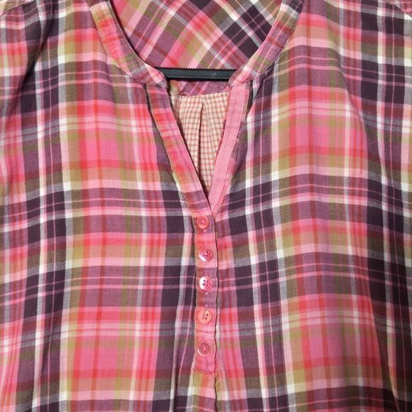 Soft Surroundings Plaid Cotton Gauze Blouse Short Sleeve Pink M Spring Preppy - Picture 3 of 10